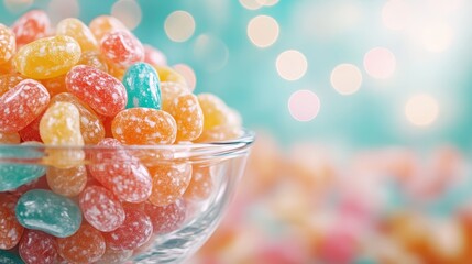 A colorful pile of candies in a glass bowl radiates joy and nostalgia, inviting sweet memories and celebrating the playful side of life with every sugary detail and vibrant color.