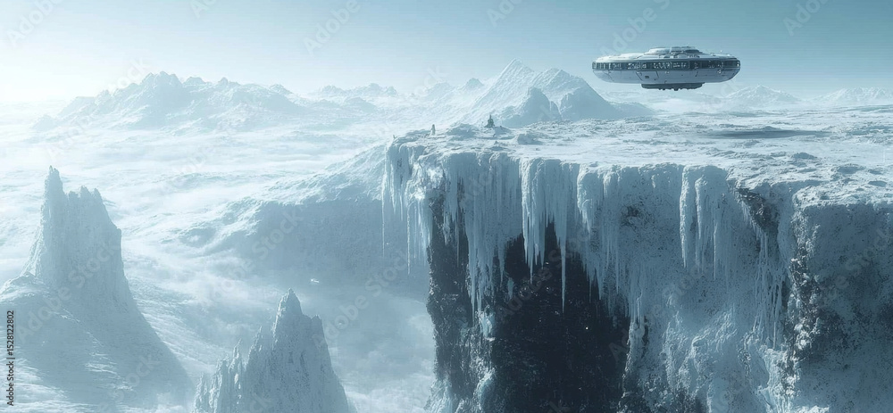 Poster a robot conducts exploration on a frozen alien planet, with icy cliffs and jagged formations surroun