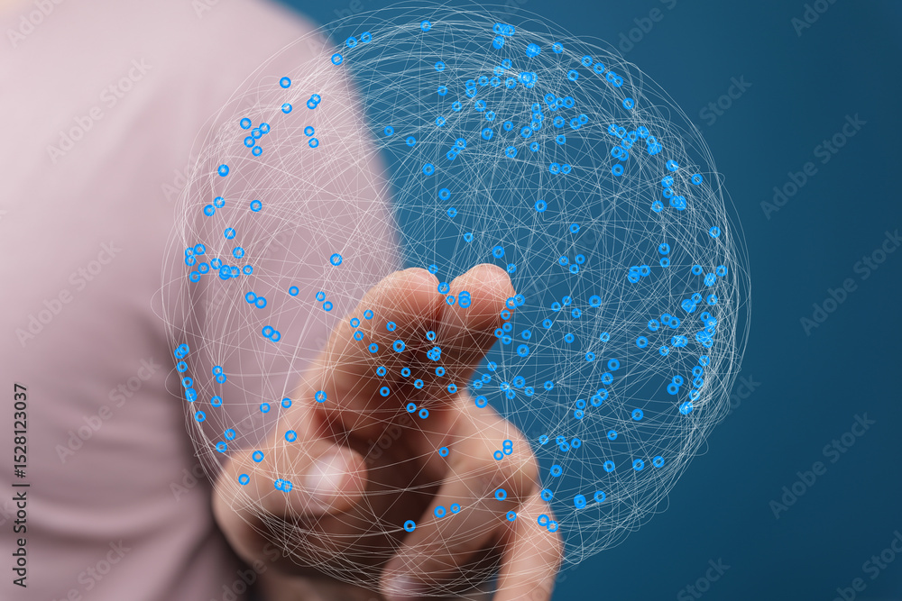 Poster Abstract image of a hand interacting with a digital sphere representing global network connections.