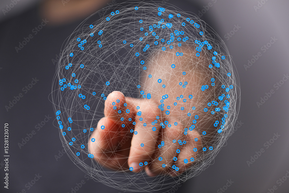 Poster Abstract image of a hand interacting with a digital sphere representing global network connections and data visualization.