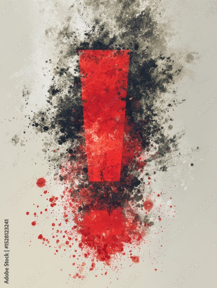 Aufkleber Red Exclamation Mark on Neutral Background With Abstract Splashes and Textures Creating a Bold Artistic Statement