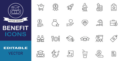 Benefit icon set in line style. Included icons as reward, teamwork, insurance, paid vacation, pension, pay and more symbol collection. Set of 24 line icons related to benefit. Vector illustration.