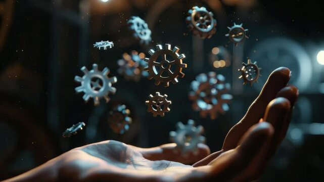 A hand holds out as multiple glowing gears and cogs float above it in a dark, atmospheric setting.