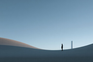 minimalist photograph human figure silhouetted against solar thermal plant in morocco during soft twilight
