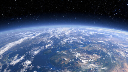 Fototapeta premium Earth From Space View with Clouds and Stars, Showing the Horizon and Atmosphere Concept of Exploration, Science, and Environment