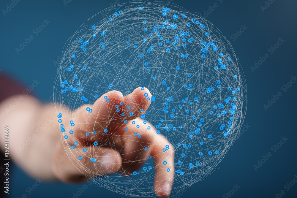 Poster Abstract image of a hand interacting with a digital global network. Represents connection, technology, and data.
