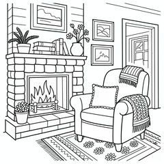 Cozy Living Room Fireplace Armchair Line Art Drawing