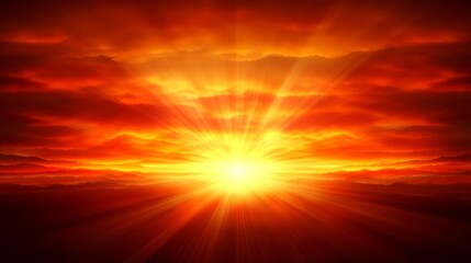 Fototapeta premium Fiery Sunset over Distant Mountains Dramatic Sky Sunrise Rays of Light