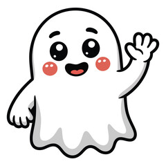 Obraz premium Cute Cartoon Ghost Waving Hello White Grey kawaii
