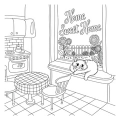 Fluffy Cat on Windowsill Kitchen Scene Home Sweet Home