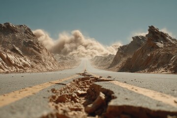 Desert road disappearing into a sandstorm, flanked by rocky mountains, a challenging landscape, and a sense of solitude and desolation under a hazy sky.
