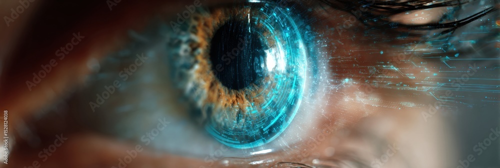 Aufkleber Close-up View of a Glowing Human Iris With a Futuristic Digital Overlay and an Empty Left Section for Emphasis