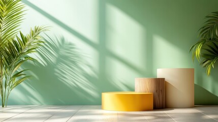 An aesthetically pleasing interior showcases a harmonious arrangement of geometric decor elements and natural plants, creating a serene, modern, and inviting environment.