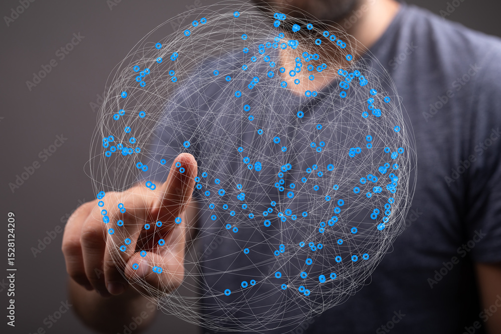 Leinwandbilder Person interacting with a digital globe, representing global network connections and data visualization.