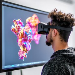 Man Experiencing Immersive VR Design, Colorful 3D Models on Screen