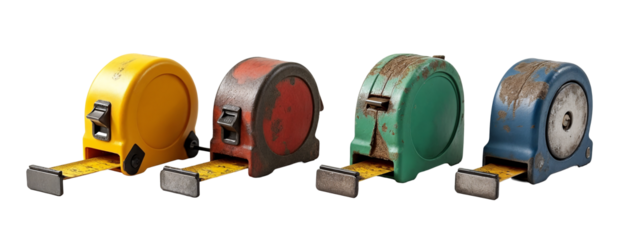 A group of four different colored tape measures