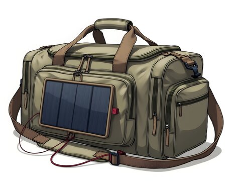 A heavyduty duffel bag with a solar panel attached perfect for charging your devices while traveling or on long outdoor excursions.. illustration.