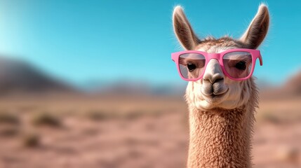 Obraz premium A whimsical llama sporting bright pink glasses, standing against a picturesque background, captures a playful and carefree spirit in a fun and humorous manner.