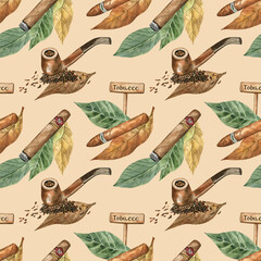 Vintage style seamless pattern with tobacco, cigars and smoking pipe on pastel orange background. Warm and cozy pattern design; hand drawn watercolor illustration. For fabric, wrapping paper, gifts