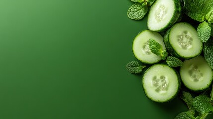 An artistic arrangement of fresh cucumber slices adorned with mint leaves, creating a vibrant green aesthetic that celebrates healthy living and nature's bounty.