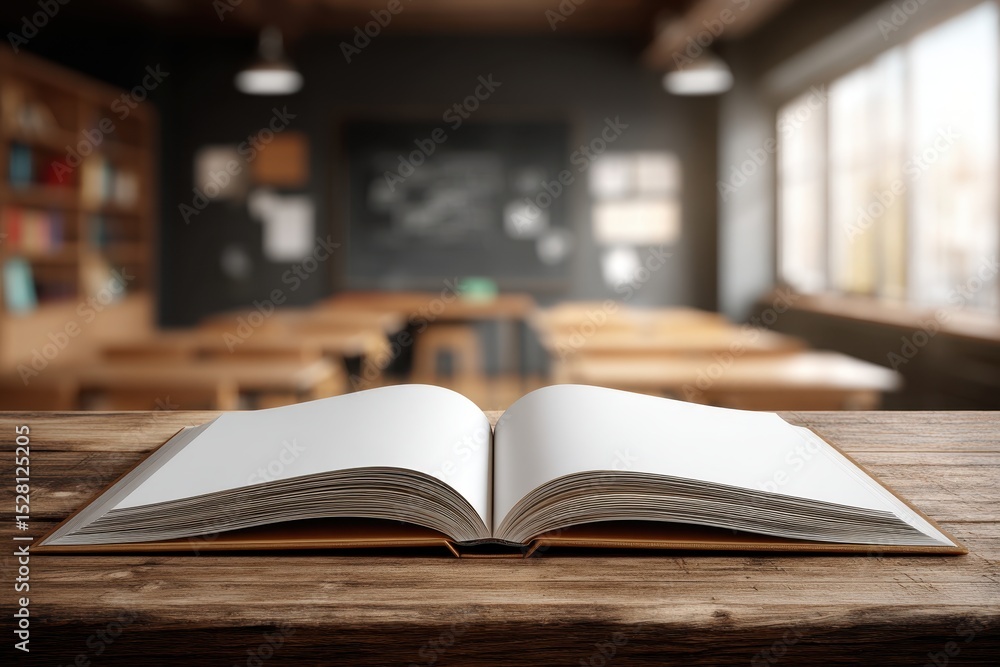 Poster an open book rests on a wooden desk in a classroom setting, with tables and chairs blurred in the ba