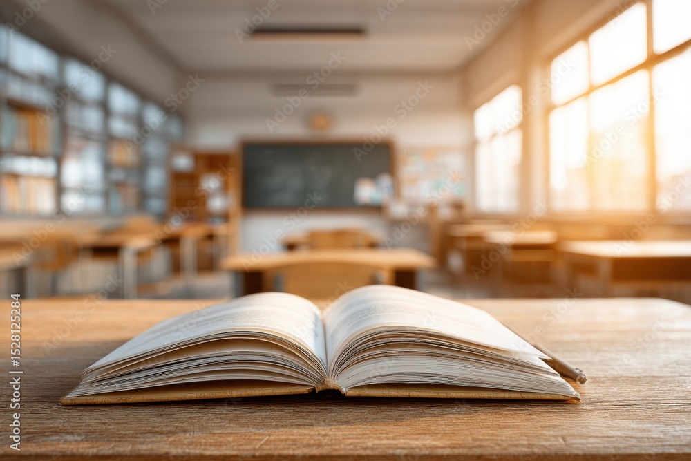 Poster open book on a desk in a sunny classroom with desks and a chalkboard in the background creates a ser