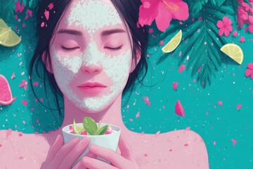 Artistic Representation of Person Using Facial Mask Surrounded by Natural Elements in Vibrant Colors