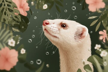 Whimsical Illustration of an Animal Character Surrounded by Lush Tropical Flora and Bubbles