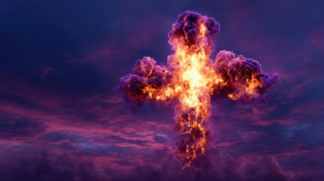 Fototapeta A surreal image of a cross engulfed in flames against a purple and blue sky, symbolizing the metaphorical fire of passion and devotion.