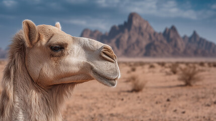 Obraz premium Side View of Camel in the Saudi Arabian Desert Hills