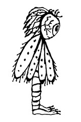 Fly man hand drawn isolated black and white illustration