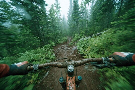 A first-person perspective of mountain biking through a dense, lush green forest, navigating a muddy trail with vibrant foliage and the biker's hands gripping the handlebars.