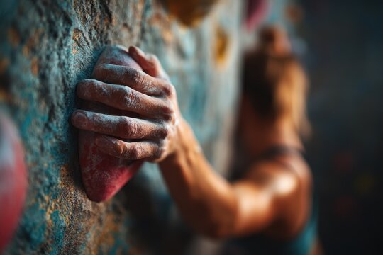 Close-up of a climber's hand gripping a rock climbing hold, dusted with chalk, showing the strength and determination required for indoor rock climbing. - Powered by Adobe