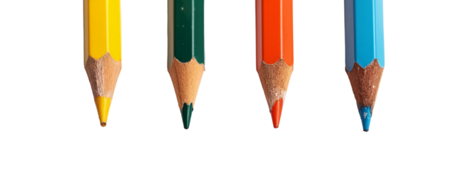 A group of four colored pencils are lined up in a row.