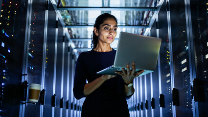 Indian DevOps engineer reviews code with laptop among glowing FPGA server racks; LED light and coffee steam set cyber-noir mood, 5000 px