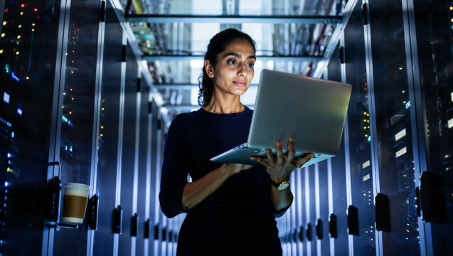 Indian DevOps engineer reviews code with laptop among glowing FPGA server racks; LED light and coffee steam set cyber-noir mood, 5000 px - Powered by Adobe