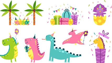 Cute Dinosaur Birthday Party Celebration Illustration Collection
