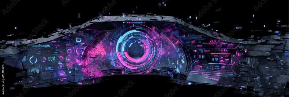 Aufkleber Fractured Holographic Dashboard With Glitching Elements and an Open Right Side Reveals Inner Workings and Digital Intricacies