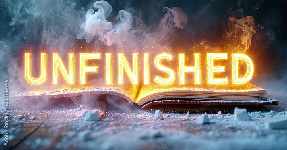 Aufkleber Dramatic image shows glowing unfinished text above open book. Smoke rises from shattered surface, creating intense atmosphere.