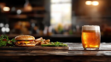 A delicious gourmet burger paired with a cold glass of beer on a wooden table, presenting a perfect meal for food lovers enjoying a casual dining experience.