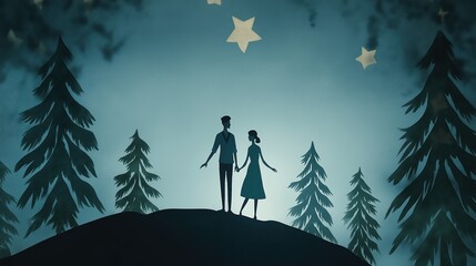 Romantic Silhouette of a Couple Under a Starry Sky in a Tranquil Forest: Embracing Love and Togetherness in Moonlight, Nature&rsquo;s Beauty, and Emotional Whimsy