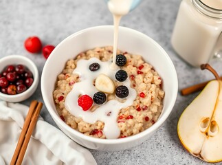 Oatmeal with Berries and Pouring Milk: A culinary composition showcasing a bowl of hearty oatmeal adorned with a colorful array of berries, a sliced banana, and a drizzle of creamy milk being poured.