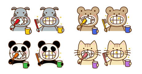 Obraz premium 歯みがきをする動物たちのかわいいイラストセット