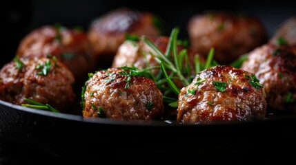 A close-up of savory meatballs glistening with fresh herbs captures the essence of hearty cooking, evoking warmth, comfort, and satisfaction in a delightful culinary presentation.