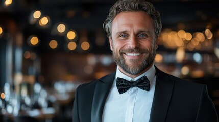 A sophisticated man in a tuxedo, wearing a bow tie, standing in a beautifully decorated venue, exuding confidence and charm, ideal for portraying elegance and luxury.
