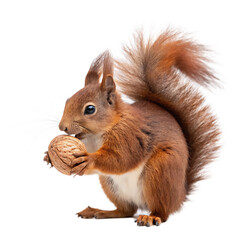 Obraz premium A cute red squirrel holding a large nut isolated on a transparent background