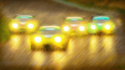 Dynamic Evening Racing Cars: Experience the Excitement of Speed, Action, and Illumination on Wet Asphalt in Colorful Blurred Motion with Powerful Engines and Thrilling Competition