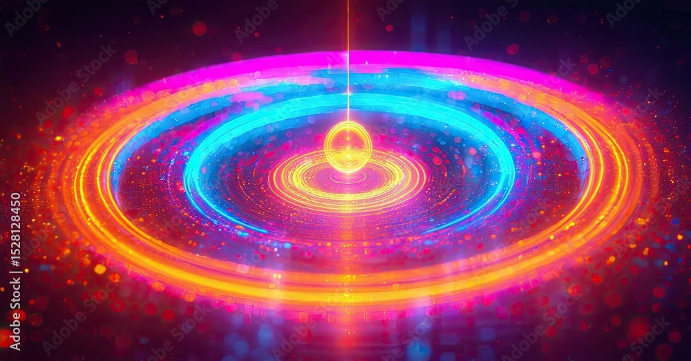 Poster bright concentric rings radiate from central sphere. vivid colors create dynamic, futuristic visual 