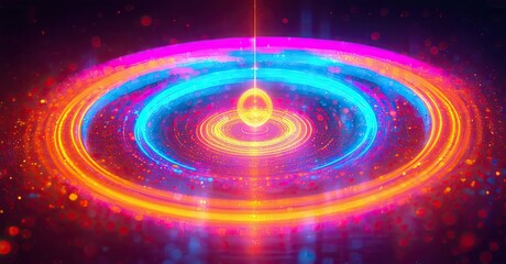 Obraz premium Bright concentric rings radiate from central sphere. Vivid colors create dynamic, futuristic visual effect. Intense light, energy.