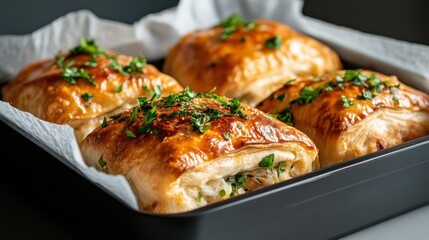 A mouth-watering scene of freshly baked golden pastries garnished with green herbs, showcasing culinary artistry and inviting anyone to indulge in a delightful gastronomic experience.